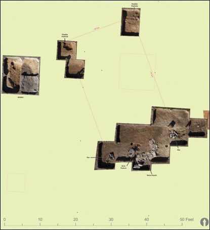A computer drawn outline of a slave cabin with photos of stones from the hearth and foundation overlaid.