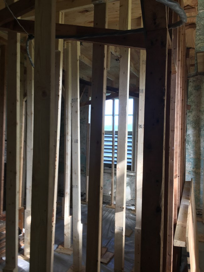 Wood bracing supports ceiling plaster in the historic Best House