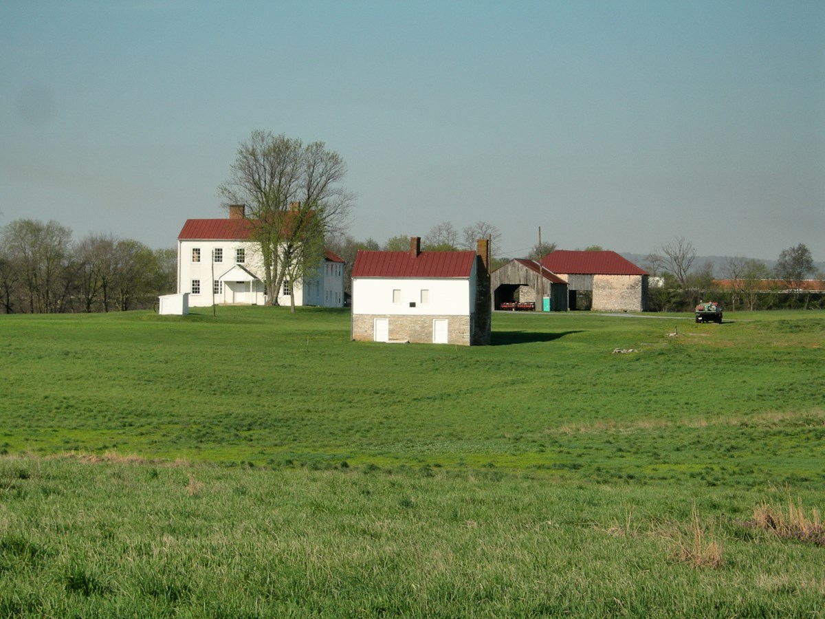 A group of farm buildings surrounded by green farm fields.