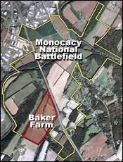Areal photo Monocacy National Battlefield with Baker Farm outlined.