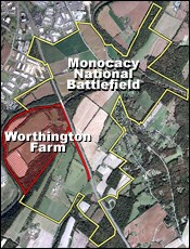 Areal photo of Monocacy National Battlefield with the Worthington Farm outlined.