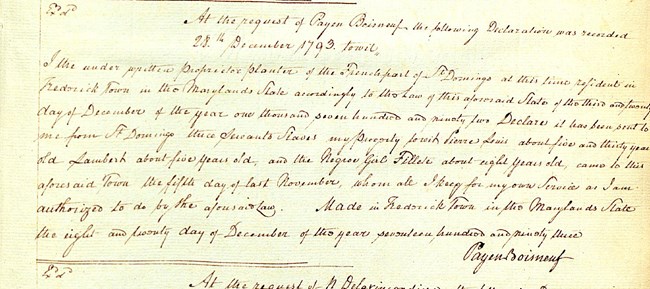 Declaration of importation of three enslaved individuals from Saint-Domingue by Jean Payen de Boisneuf as recorded in Frederick County land records.