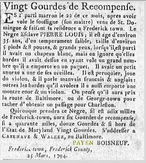 A newspaper advertisement in French for Pierre Louis who ran away from his enslaver.