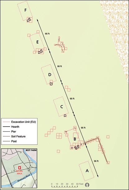 Computerized map showing the orientation and spacing of six small cabins.