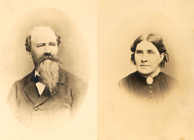 Left: middle-aged man with beard. Right: middle-aged woman with 1860s style hair and clothing.