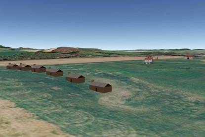 Drawing of slave village showing six cabins