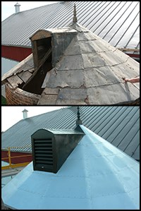 Two images: top--roof of silo before repairs, bottom--roof of silo with new roof.