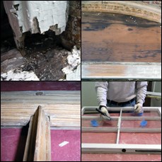 Four images clockwise: detail of molding over doorway, craftsman repairing window frame, detail of window frame, rotted base of door frame.