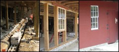 Three photos from left to right: new foundation, framed wall, finished wall.