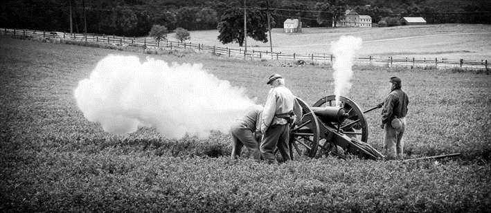 Monocacy Cannon Firing Black & White LH Volunteers at Monocacy Black and White