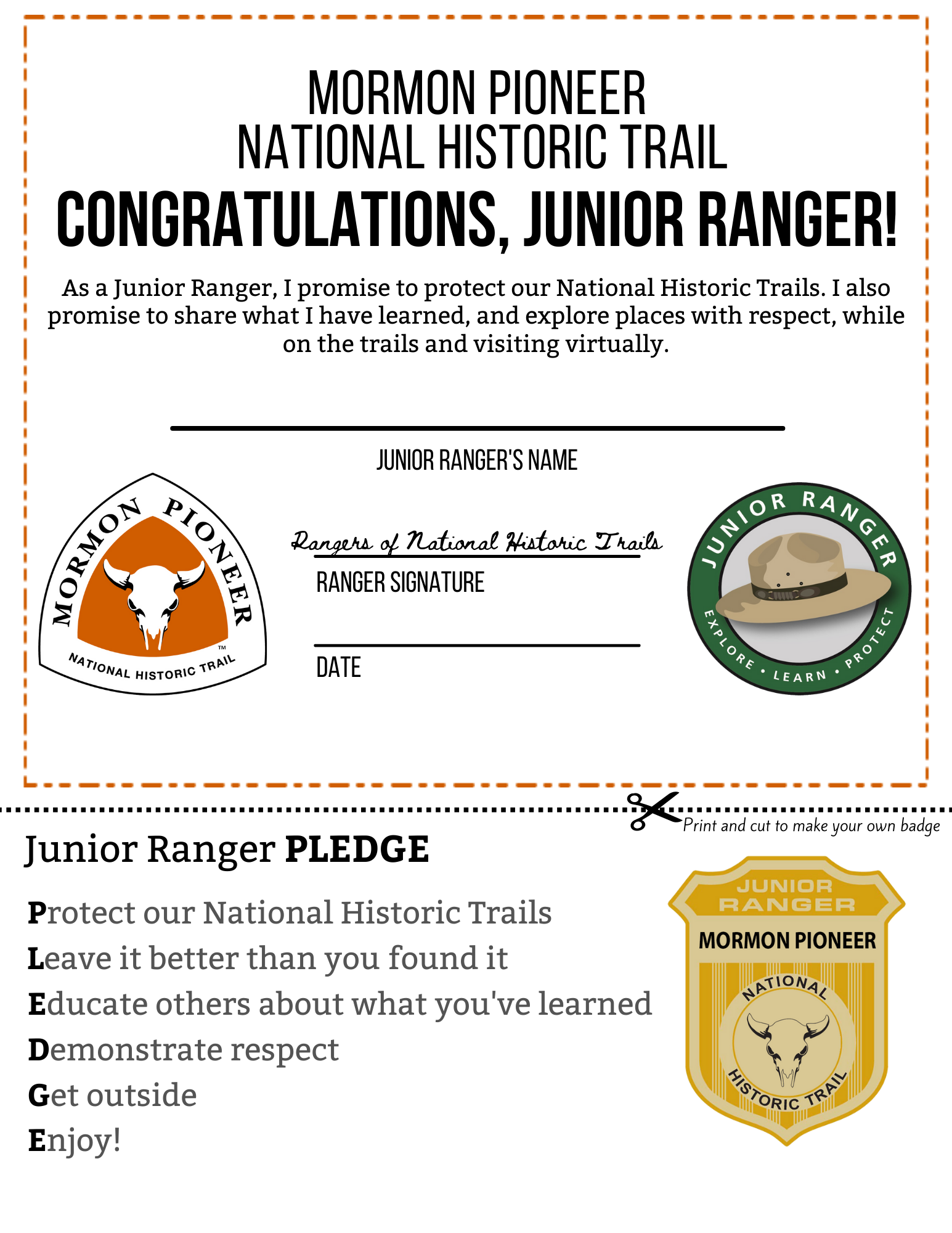 A certificate featuring a junior ranger badge.