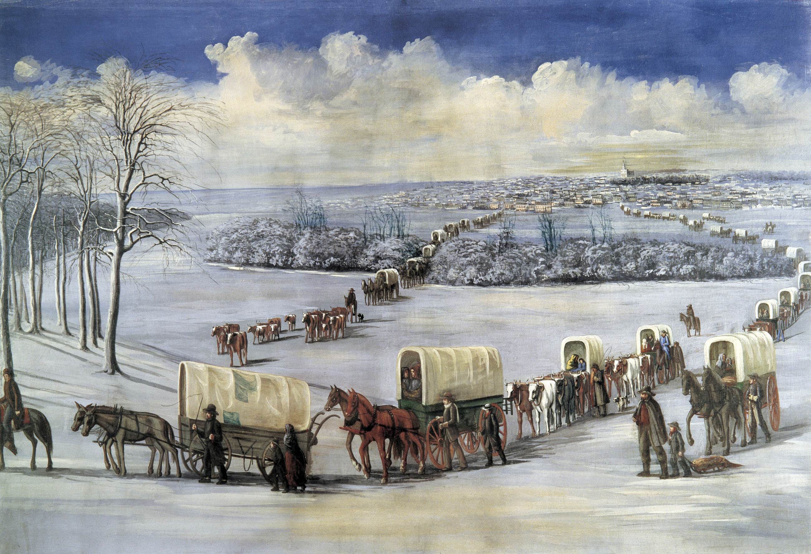 A painting of a large group of covered wagons traveling across a winter landscape.