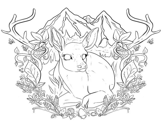 An illustration of the outline of a baby deer sitting in a field of flowers.