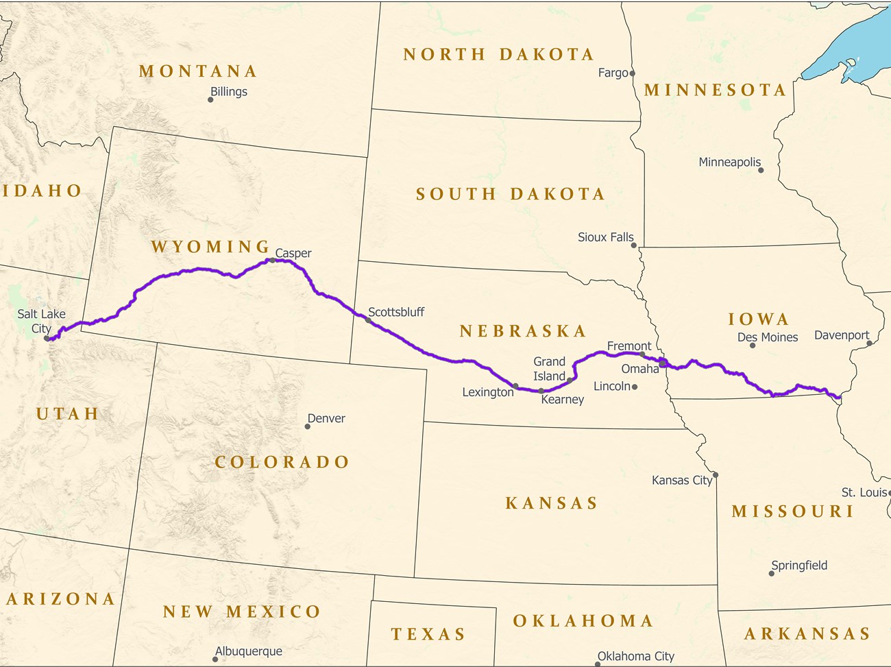 A map depicting a trail from Illinois to Salt Lake City.