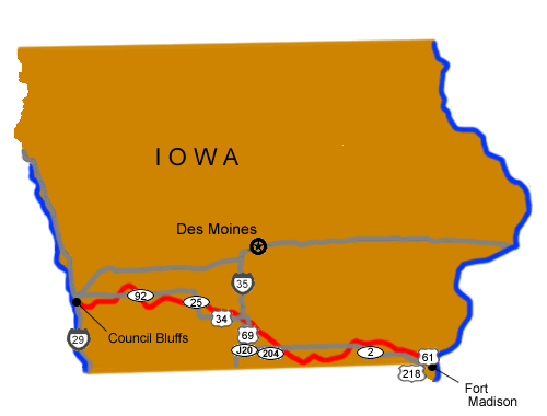 A map of Iowa, showing major highways.