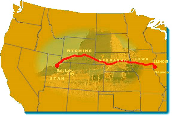 Map of the United States, depicting a trail from Illinois to Salt Lake City.