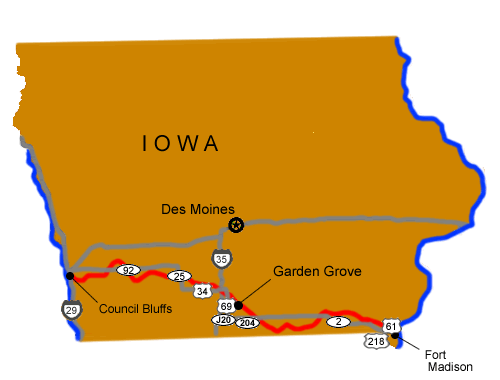 A map of Iowa depicting major highways and the location of Garden Grove.
