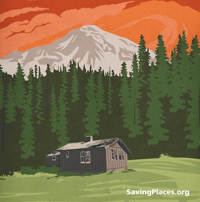 Graphic of a cabin in front of forest and Mount Rainier with "SavingPlaces.org" text in the corner. Graphic of a cabin in front of forest and Mount Rainier with "SavingPlaces.org" text in the corner.
