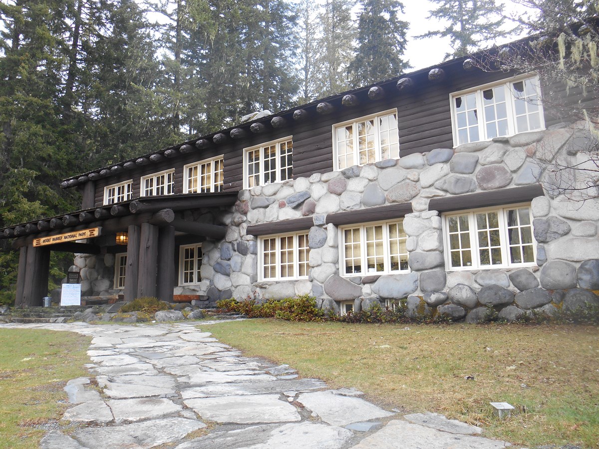 Front of the Administration Building showing use of large boulders and timbers.
