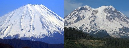 The Sister Mountains of Mount Fuji (left) in Japan and Mount Rainier (right) in Washington. The Sister Mountains of Mount Fuji (left) in Japan and Mount Rainier (right) in Washington.