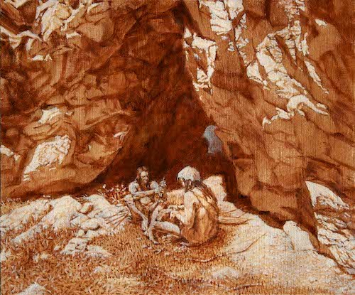 Illustration of two people sitting at the entrance to a cleft in a cliff..