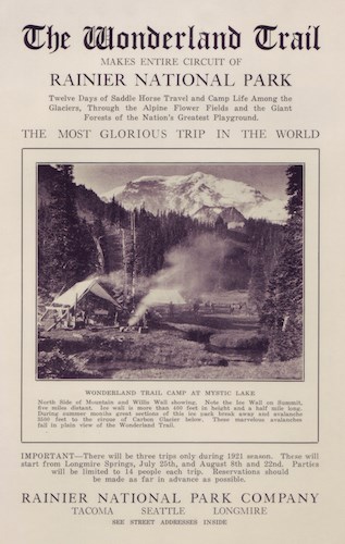 A bulletin with a photo of a campsite, wood fire burning, Mount Rainier in the background and text stating "The Wonderland Trail: The Most Glorious Trip In The World" A bulletin with a photo of a campsite, wood fire burning, Mount Rainier in the background and text stating "The Wonderland Trail: The Most Glorious Trip In The World"