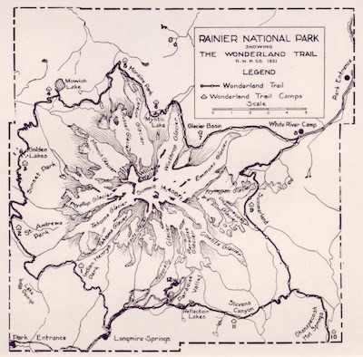 A historic map of Mount Rainier National Park marking the path of the Wonderland Trail.