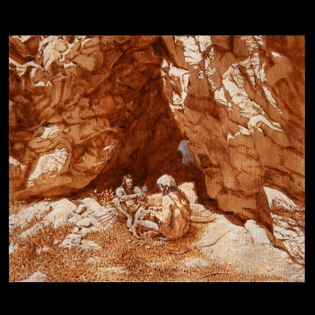 Native peoples gathering resources with rock walls behind