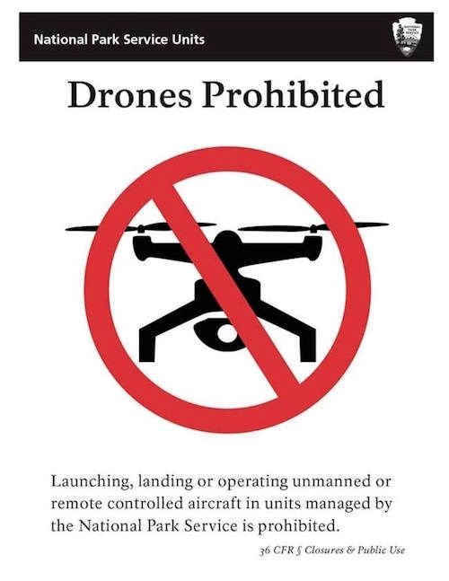 A red circle crosses out a symbol of a small drone; text reads: National Park Service Units