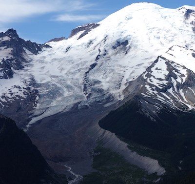 Emmons Glacier curving down the side of Mount Rainier from the summit to the White River Valley.