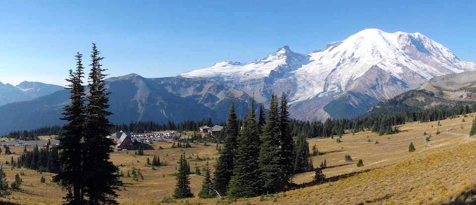 Mount Rainier from Sunrise Mount Rainier towers over the meadows and buildings of Sunrise.