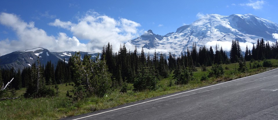 Glaciers and summit of Mount Rainier viewed from along the Sunrise Road