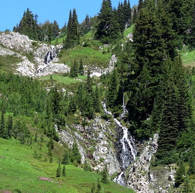 A series of waterfall cascades down rocky outcrops on a hillside with patches of meadows and fir trees.