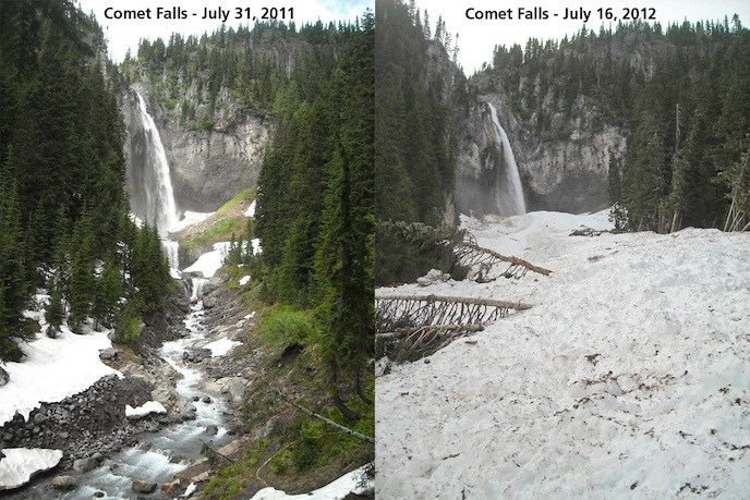 Photos taken from the same location, one year apart, show the massive amount of snow deposited in the canyon below Comet Falls by an avalanche that occurred sometime earlier this year.