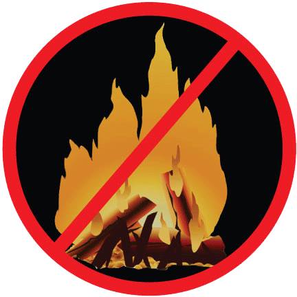 Graphic of a stylized campfire crossed out by a red circle and slash.