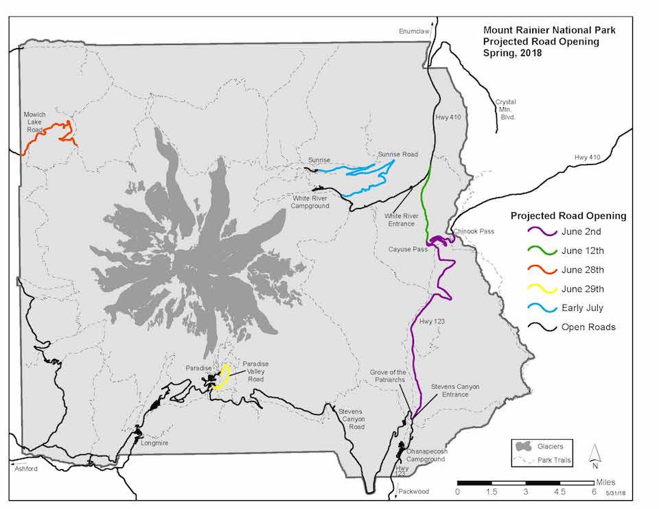 Mount Rainier National Park map with road opening status, June 2, 2018. Simplified map of Mount Rainier National Park with roads highlighted in different colors to indicate their opening dates.