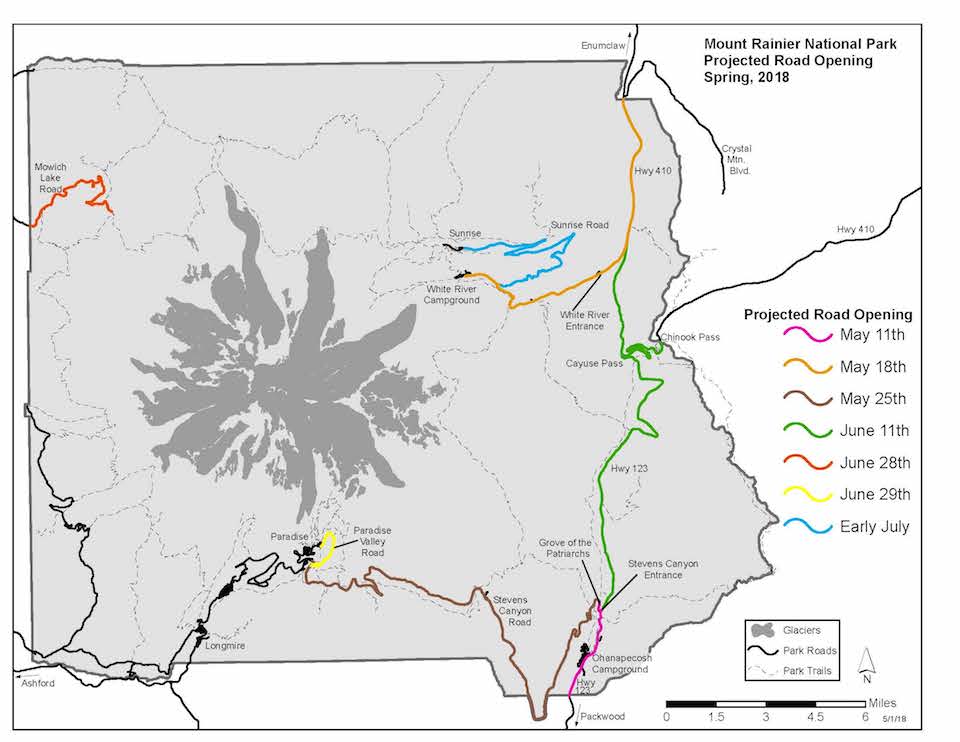 Simplified map of Mount Rainier National Park with roads highlighted in different colors to indicate their opening dates.