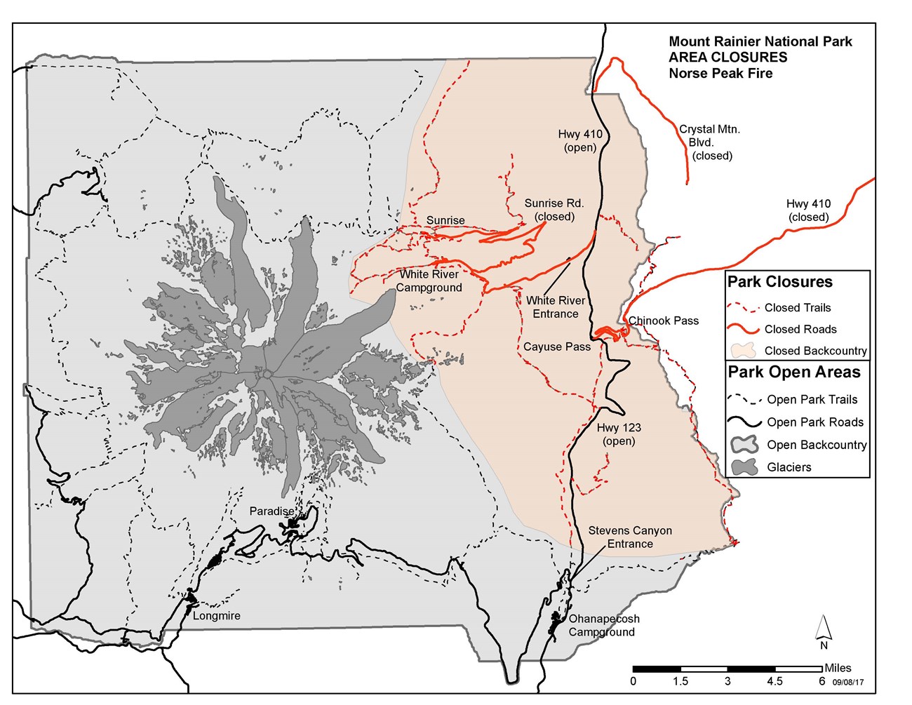A map of the park showing the closed areas in the eastern part of the park shaded in red.