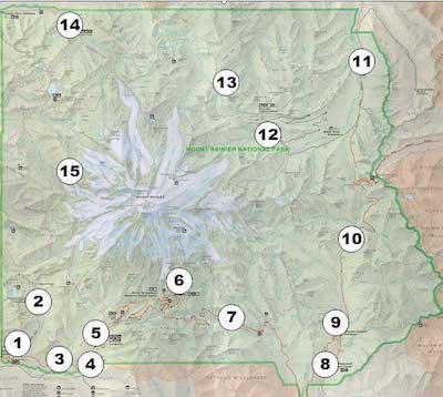 A map of Mount Rainier National Park with areas of flood damage labeled 1-15.