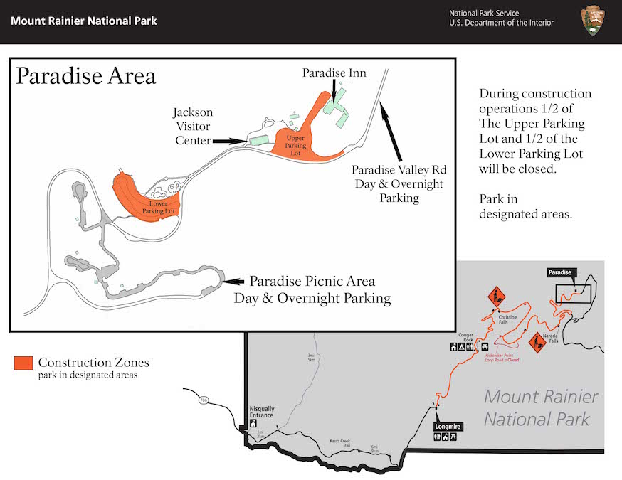 Map of construction area with larger section indicating closed parking lots and alternative parking locations.