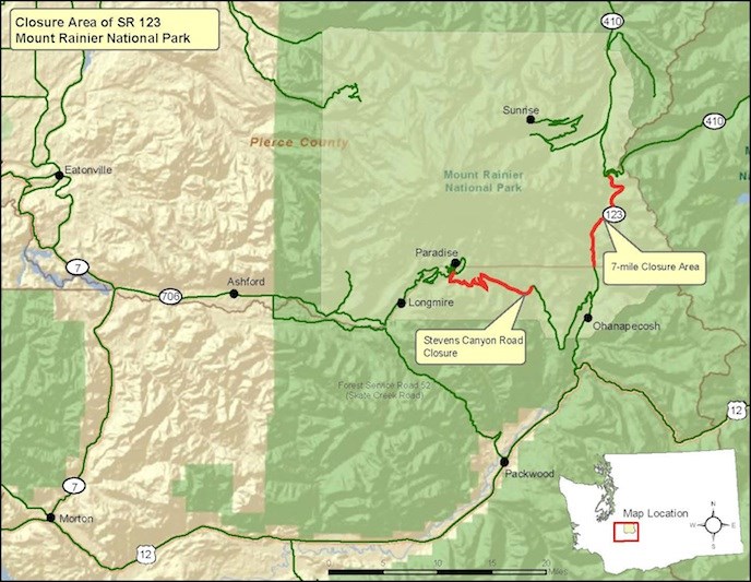 A map of Mount Rainier National Park indicating the section of SR123 closed for culver installation, as welll as the section of Stevens Canyon Road that is closed for road work.