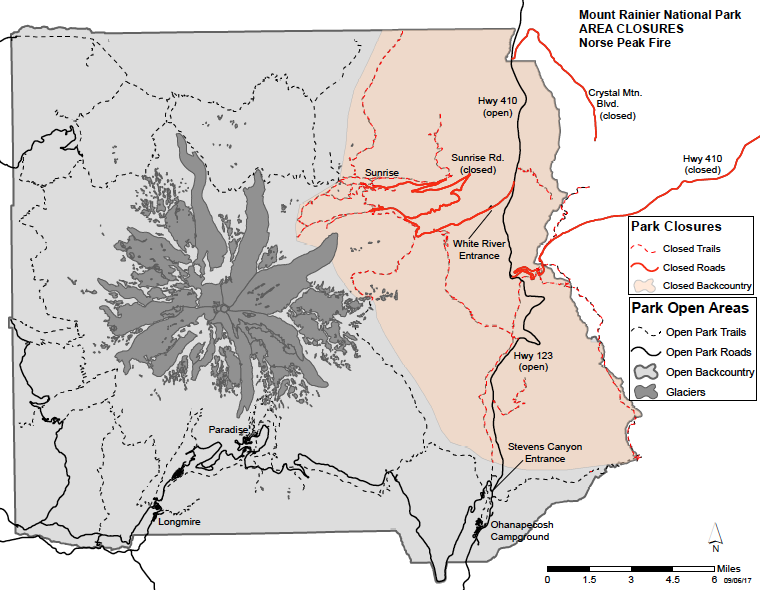 A map of the park showing the closed areas in the eastern part of the park shaded in red.