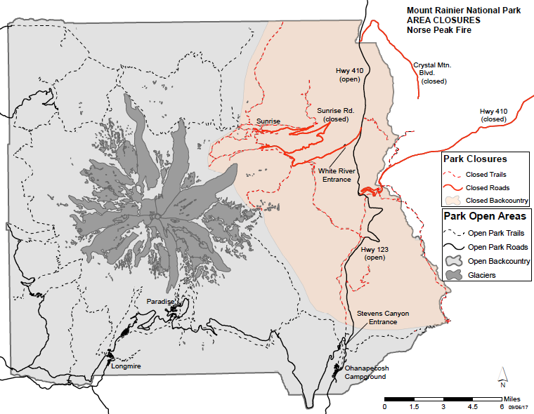 A map of the park showing the closed areas in the eastern part of the park shaded in red.