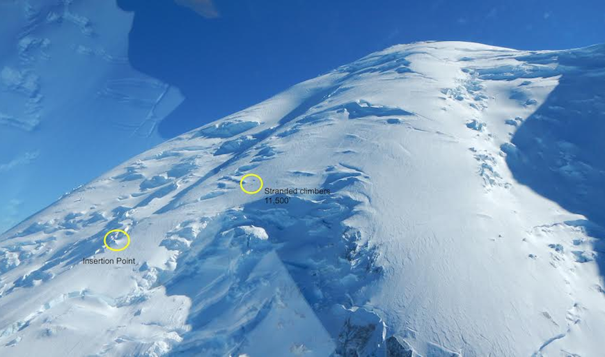 Glacier-capped summit of Mount Rainier with two small circles marking where stranded climbers were located and insertion point of rescuers.