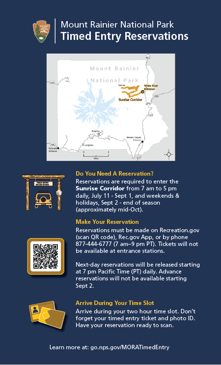 Timed entry reservation flyer with a map of Sunrise reservation corridor and a QR code for making a reservation.