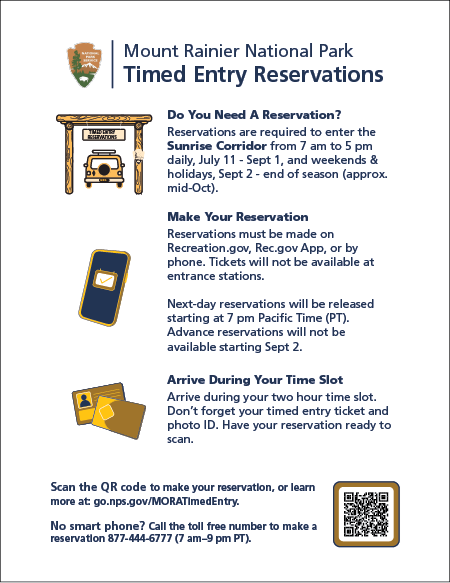 Photo of the Timed Entry Reservations Flyer which summarizes the process to make a reservation with a QR code to scan.