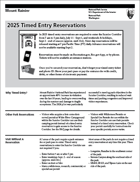 First page of a reference sheet about the 2025 timed entry reservation program.