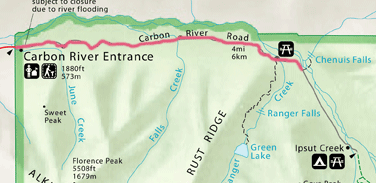 Trail route from Carbon river entrance to Chenuis Falls. Trail route from Carbon river entrance to Chenuis Falls.