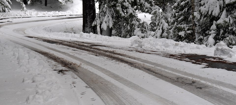 A curve in a snow-covered road.