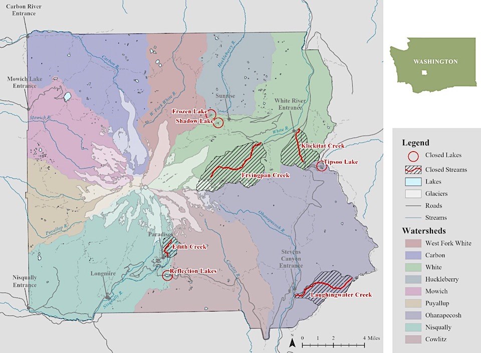 A simplified map of Mount Rainier National Park with watersheds shaded different colors. Closed waters are circled in red (Reflection, Frozen, Shadow, Tipsoo Lakes) or outlines in red (Fryingpan, Edith, Laughingwater, and Klickitat Creeks).